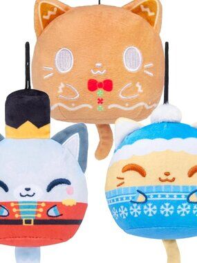 Lot of 3 Holiday Plush Ornaments 3" Kawaii Festive Stuffed Animal Cat/Fox NWT
